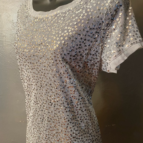 INC Semi sheer silver sequin short sleeve top - Picture 3 of 16